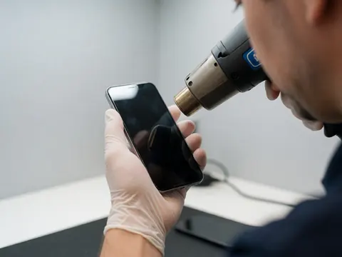 Un technicien portant un gant utilise un pistolet à chaleur pour retirer l'adhésif de l'écran d'un smartphone dans un atelier de réparation.
