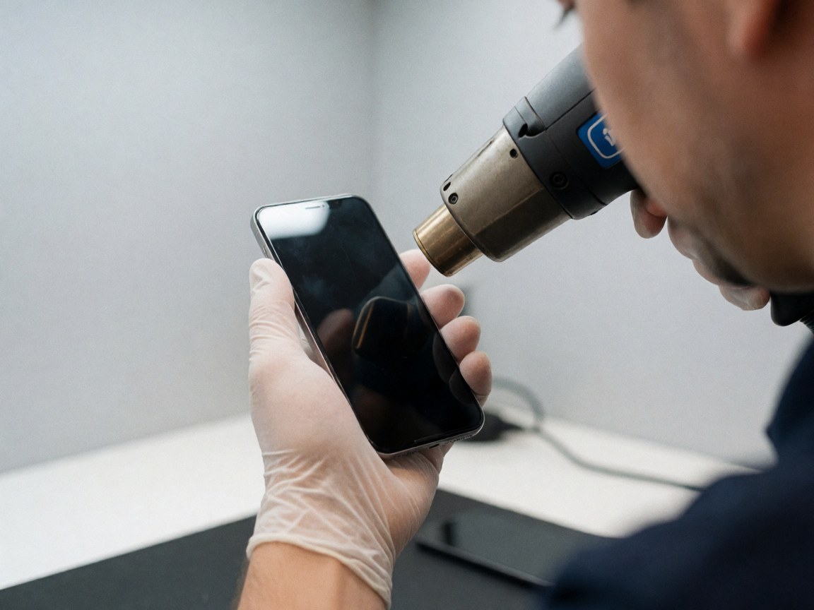 Un technicien portant un gant utilise un pistolet à chaleur pour retirer l'adhésif de l'écran d'un smartphone dans un atelier de réparation.
