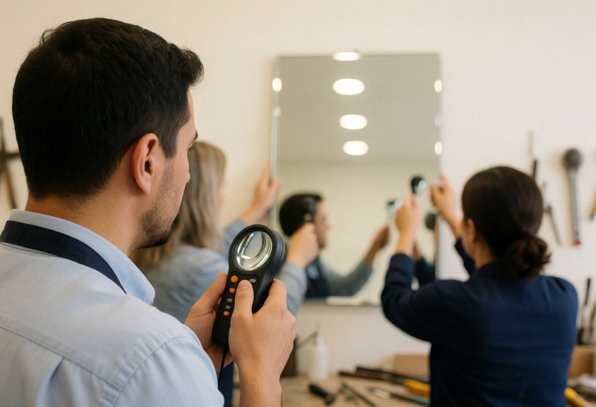 Un restaurateur examine attentivement un miroir éclairé par une source lumineuse, avec des reflets au plafond et un arrière-plan flou montrant des outils dans un atelier de verrerie.