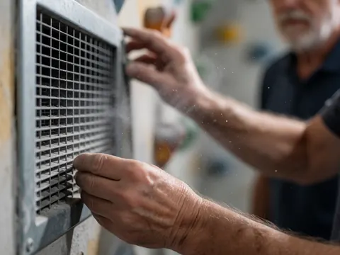 Des mains d'adulte nettoient une grille métallique de ventilation sur un mur, avec des particules de poussière en suspension dans l'air et un fond flou.