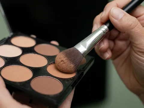Gros plan d'un pinceau de maquillage en contact avec une palette de crème sur fond noir, avec un mur vert pâle en arrière-plan et des outils de théâtre visibles.