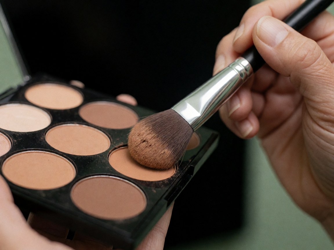 Gros plan d'un pinceau de maquillage en contact avec une palette de crème sur fond noir, avec un mur vert pâle en arrière-plan et des outils de théâtre visibles.