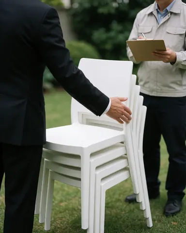Une cliente vêtue d'un costume examine des chaises blanches posées sur l'herbe, un travailleur avec un porte-documents à ses côtés lors d'une livraison.