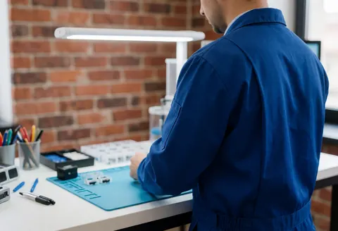 Un technicien en uniforme bleu range des pièces sur une nappe antistatique, éclairé par une lampe LED dans un atelier avec mur en briques.