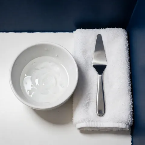 Gel facial transparent dans un bol blanc posé sur une serviette blanche et un ustensile métallique sur fond bleu foncé pour soins de beauté