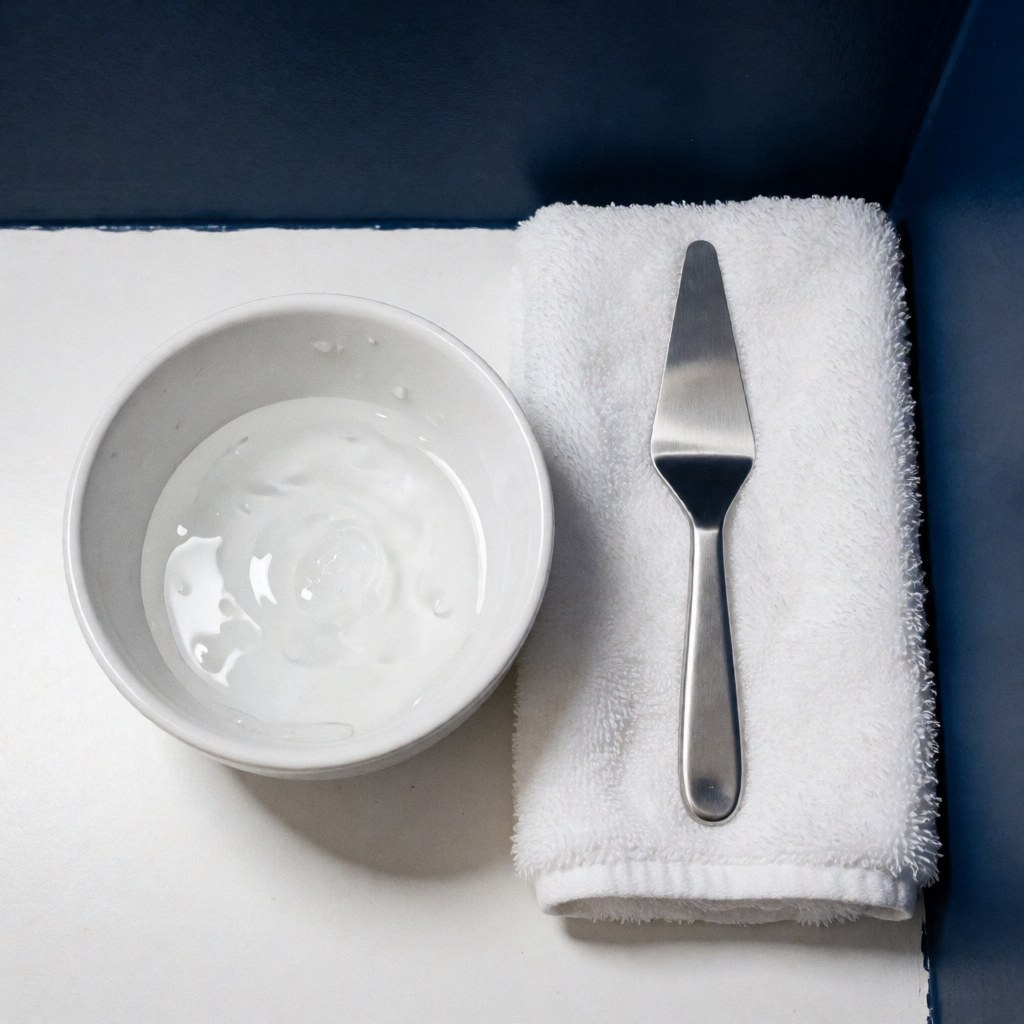 Gel facial transparent dans un bol blanc posé sur une serviette blanche et un ustensile métallique sur fond bleu foncé pour soins de beauté