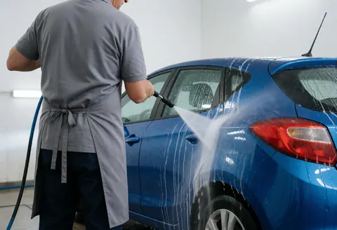 Un technicien utilise un nettoyeur haute pression pour rincer une voiture bleue couverte de mousse dans un atelier lumineux aux murs blancs.