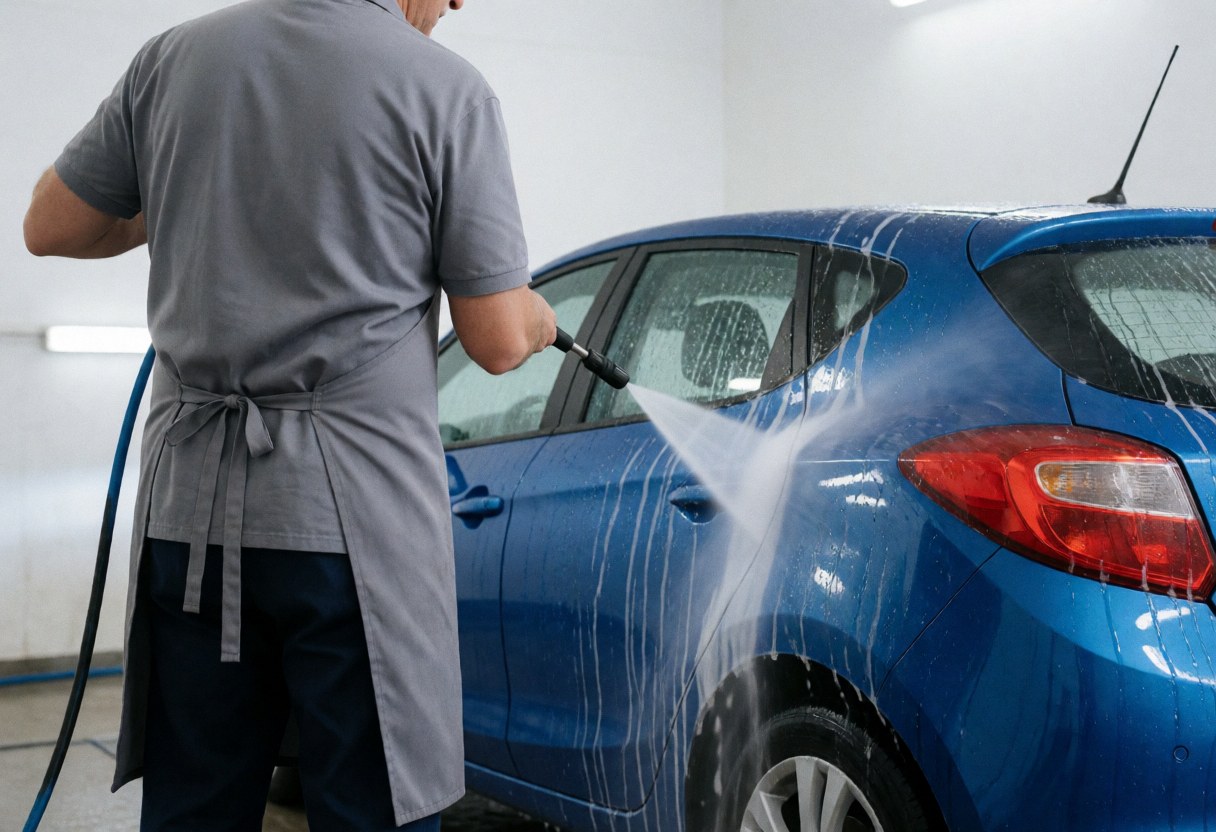 Un technicien utilise un nettoyeur haute pression pour rincer une voiture bleue couverte de mousse dans un atelier lumineux aux murs blancs.