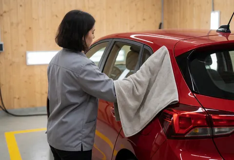 Une femme en uniforme gris nettoie une voiture rouge avec une serviette dans un atelier aux murs en bois et au sol marqué de lignes jaunes.