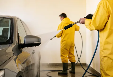 Deux techniciens en combinaison jaune utilisent des tuyaux haute pression pour laver un véhicule dans un entrepôt aux murs blancs et au sol mouillé.