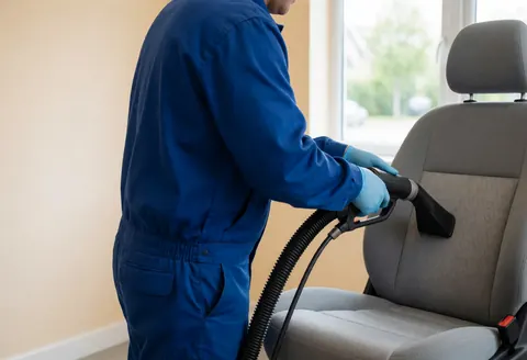 Un employé en uniforme bleu utilise un équipement professionnel pour nettoyer un siège de voiture, mettant en évidence le contraste entre la saleté et la propreté sous une lumière naturelle.