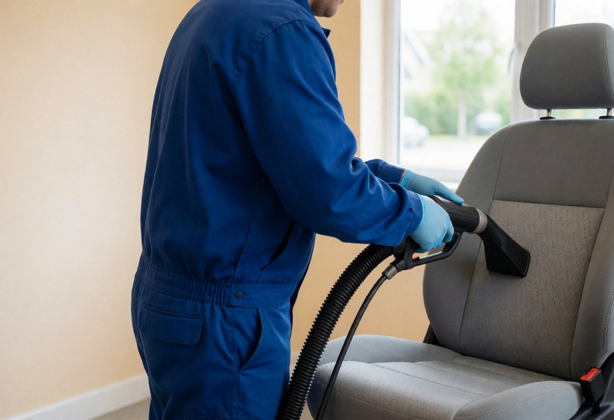 Un employé en uniforme bleu utilise un équipement professionnel pour nettoyer un siège de voiture, mettant en évidence le contraste entre la saleté et la propreté sous une lumière naturelle.