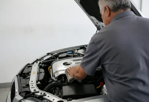 Vue arrière d'un technicien professionnel en train de nettoyer le compartiment moteur d'un véhicule à l'aide d'un chiffon humide sur fond blanc.