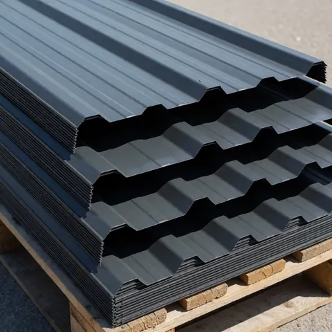 Panneaux de toit métalliques ondulés gris anthracite empilés sur une palette en bois en extérieur sous un soleil éclatant, mettant en valeur leur texture industrielle.