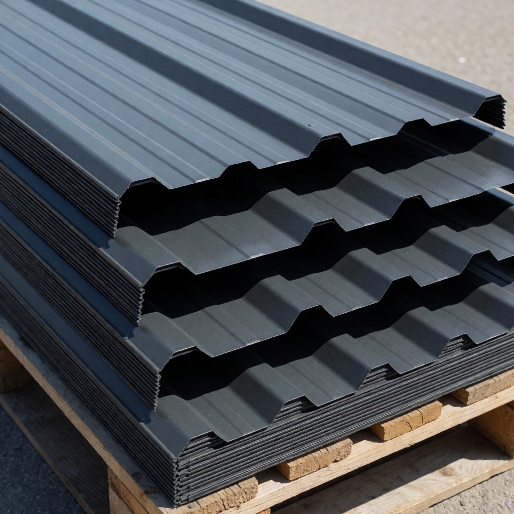 Panneaux de toit métalliques ondulés gris anthracite empilés sur une palette en bois en extérieur sous un soleil éclatant, mettant en valeur leur texture industrielle.