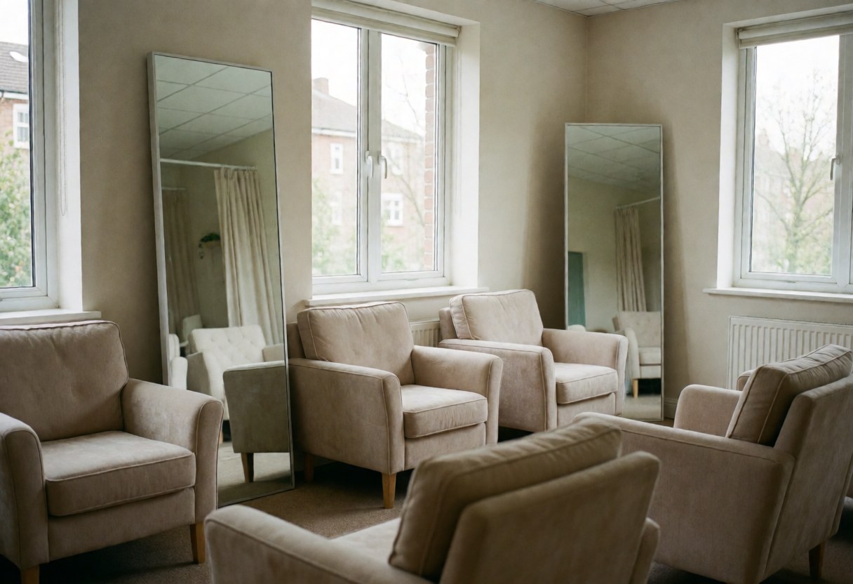 Salle d'attente avec des fauteuils confortables, des miroirs et des fenêtres laissant entrer la lumière naturelle, idéale pour les clients de piercing.