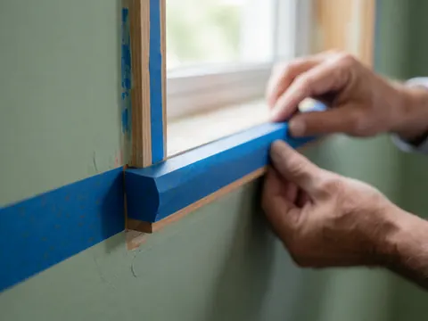 Gros plan des mains d'un peintre posant du ruban bleu sur un cadre de fenêtre en bois, avec un mur vert en arrière-plan et une lumière naturelle.