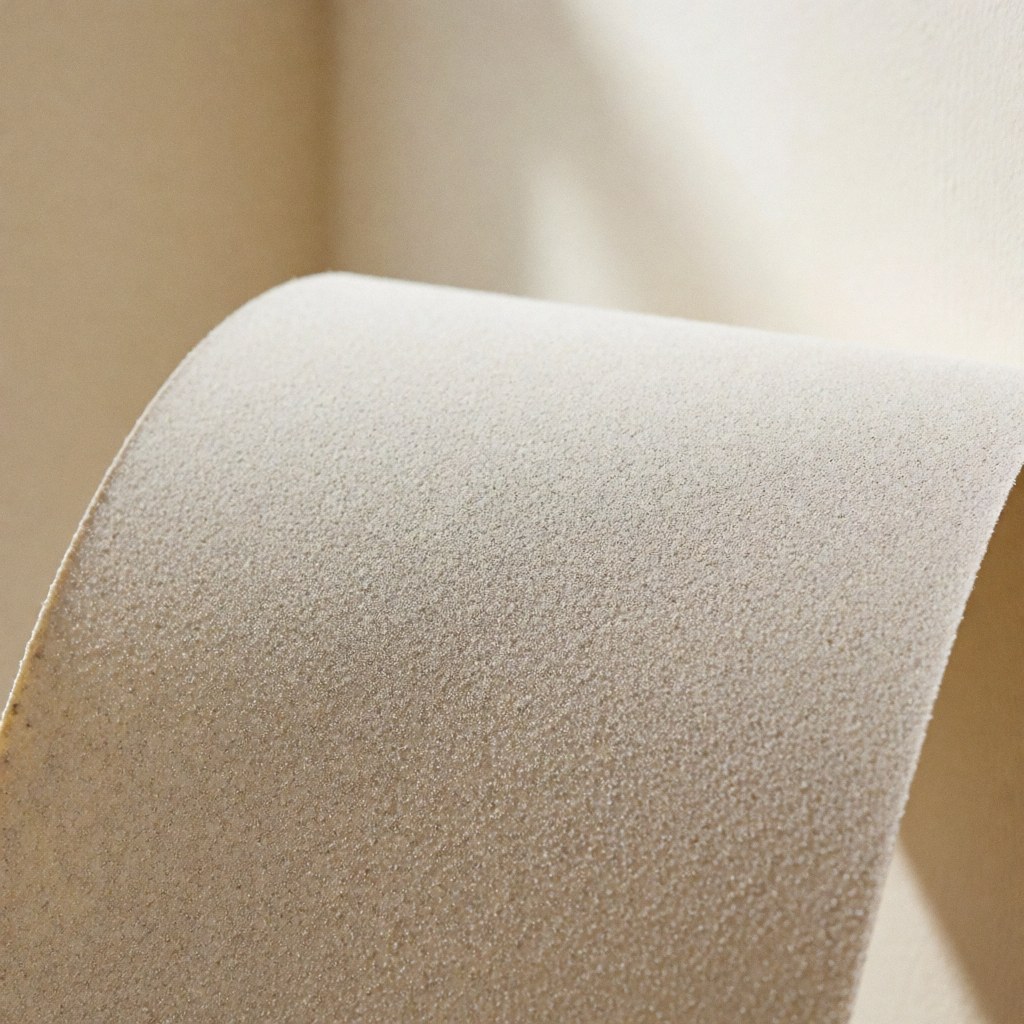 Feuille de papier de verre à grain fin avec texture visible, légèrement pliée, sur un fond beige doux, idéale pour la menuiserie et les finitions.