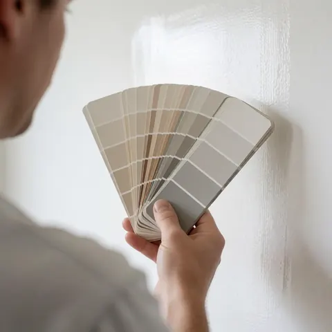 Une main tient un éventail d'échantillons de peinture neutre devant un mur blanc fraîchement peint pour comparer les tons et choisir la couleur idéale.
