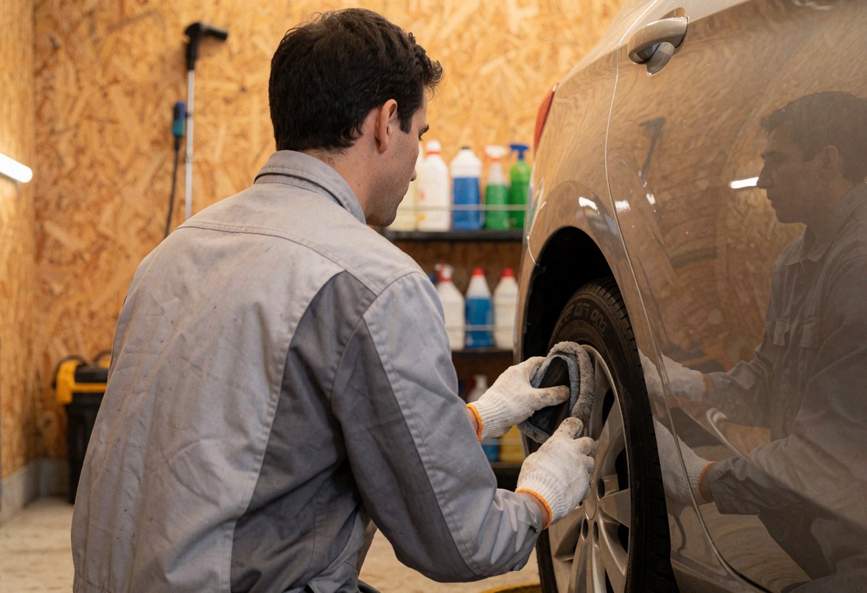 Technicien en uniforme gris applique un brillant sur la roue arrière d'une voiture dans un atelier aux murs en bois avec des produits de nettoyage.