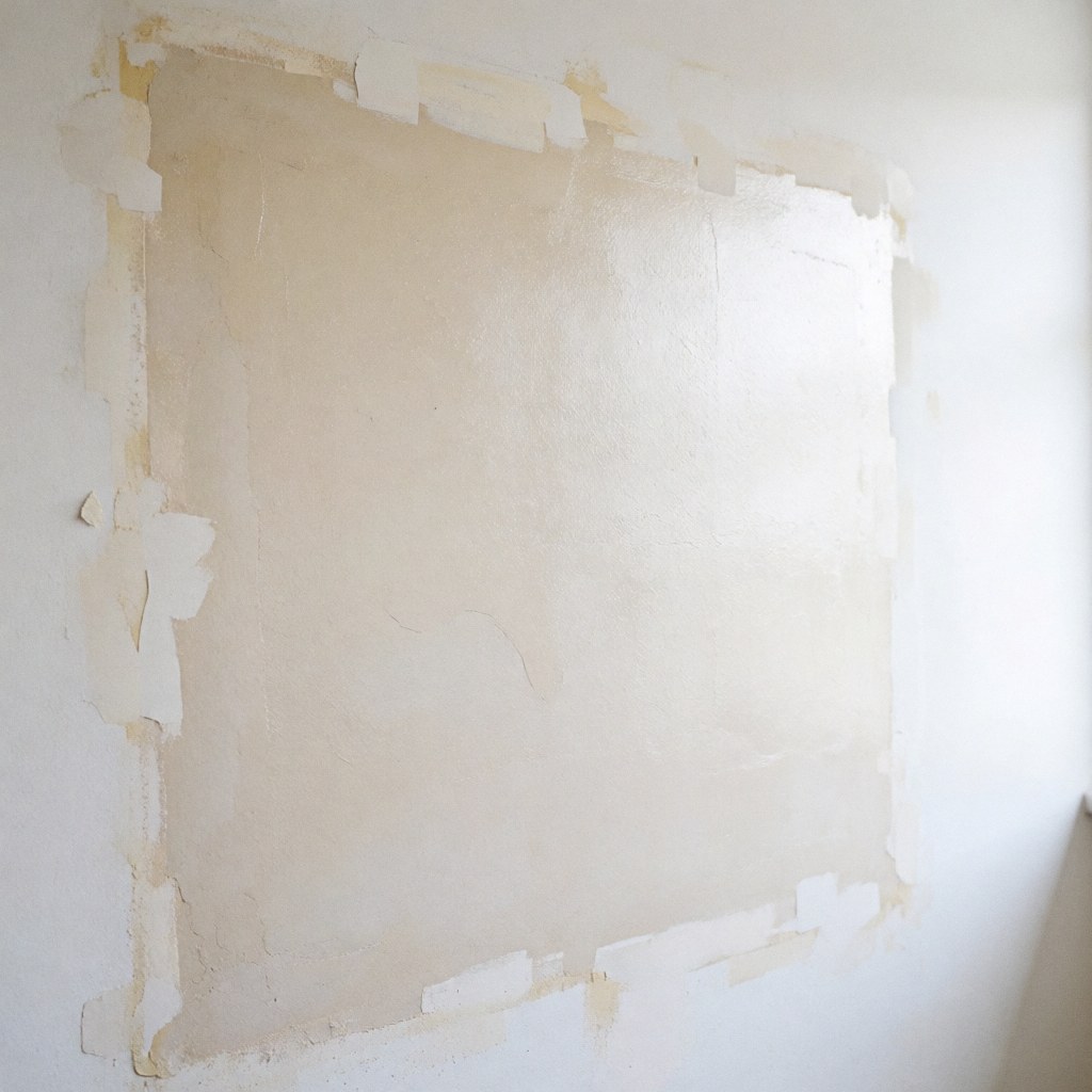 Mur de maison avec réparation invisible, texture lisse et ruban adhésif sur les bords, prêt à être peint, éclairage brillant et uniforme.