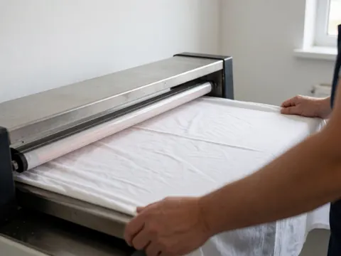 Gros plan sur des mains utilisant un fer à repasser industriel pour repasser un tissu blanc, illustrant le processus de repassage dans une blanchisserie professionnelle.