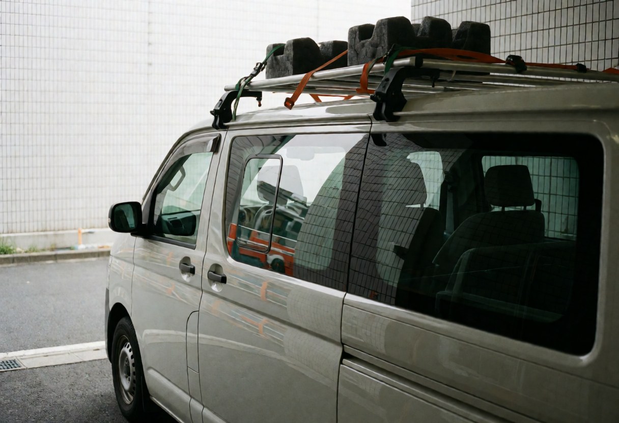 Fourgon blanc équipé d'un support sur le toit pour transporter du verre, stationné près d'un mur en grillage métallique avec des reflets sur les vitres.