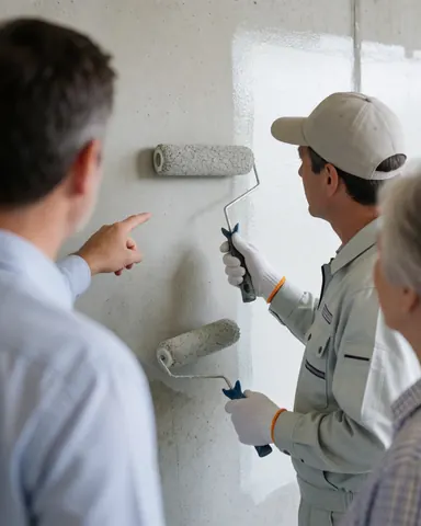 Un peintre professionnel utilise un rouleau pour appliquer de la peinture sur un mur en béton tandis qu'un client observe attentivement et prend des notes, avec des outils visibles autour.