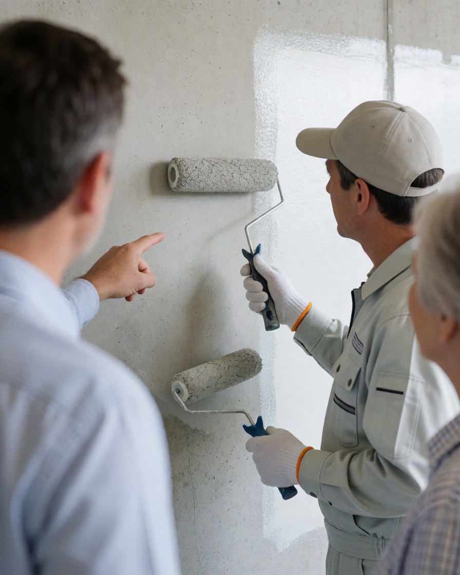 Un peintre professionnel utilise un rouleau pour appliquer de la peinture sur un mur en béton tandis qu'un client observe attentivement et prend des notes, avec des outils visibles autour.