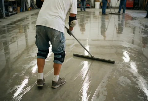 Peintre professionnel utilisant un rouleau pour appliquer de la résine époxy sur un sol de garage, avec des reflets lumineux et des équipements de protection.