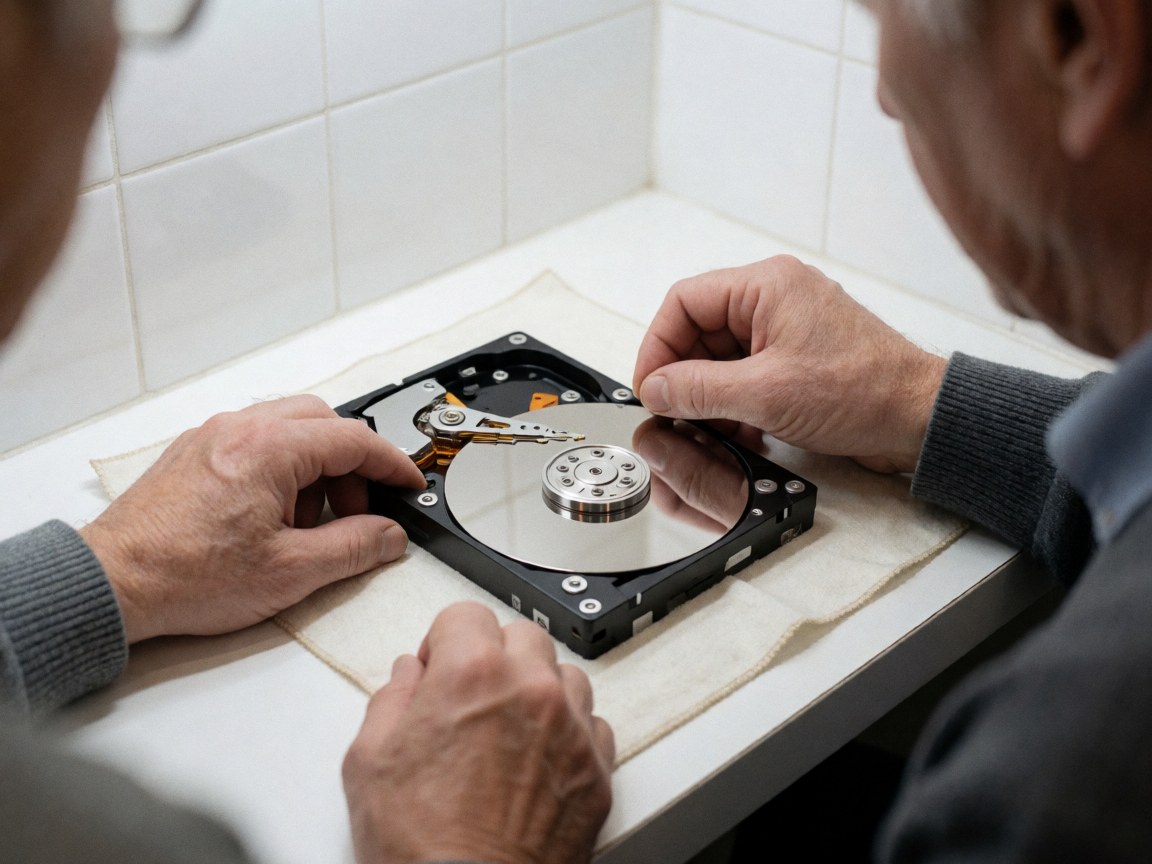 Gros plan des mains d'un technicien réparant un disque dur démonté sur une surface blanche.