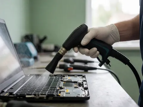 Technicien portant un gant nettoyant le ventilateur d'un ordinateur portable avec de la vapeur, outils en arrière-plan flou, lumière naturelle, mur vert