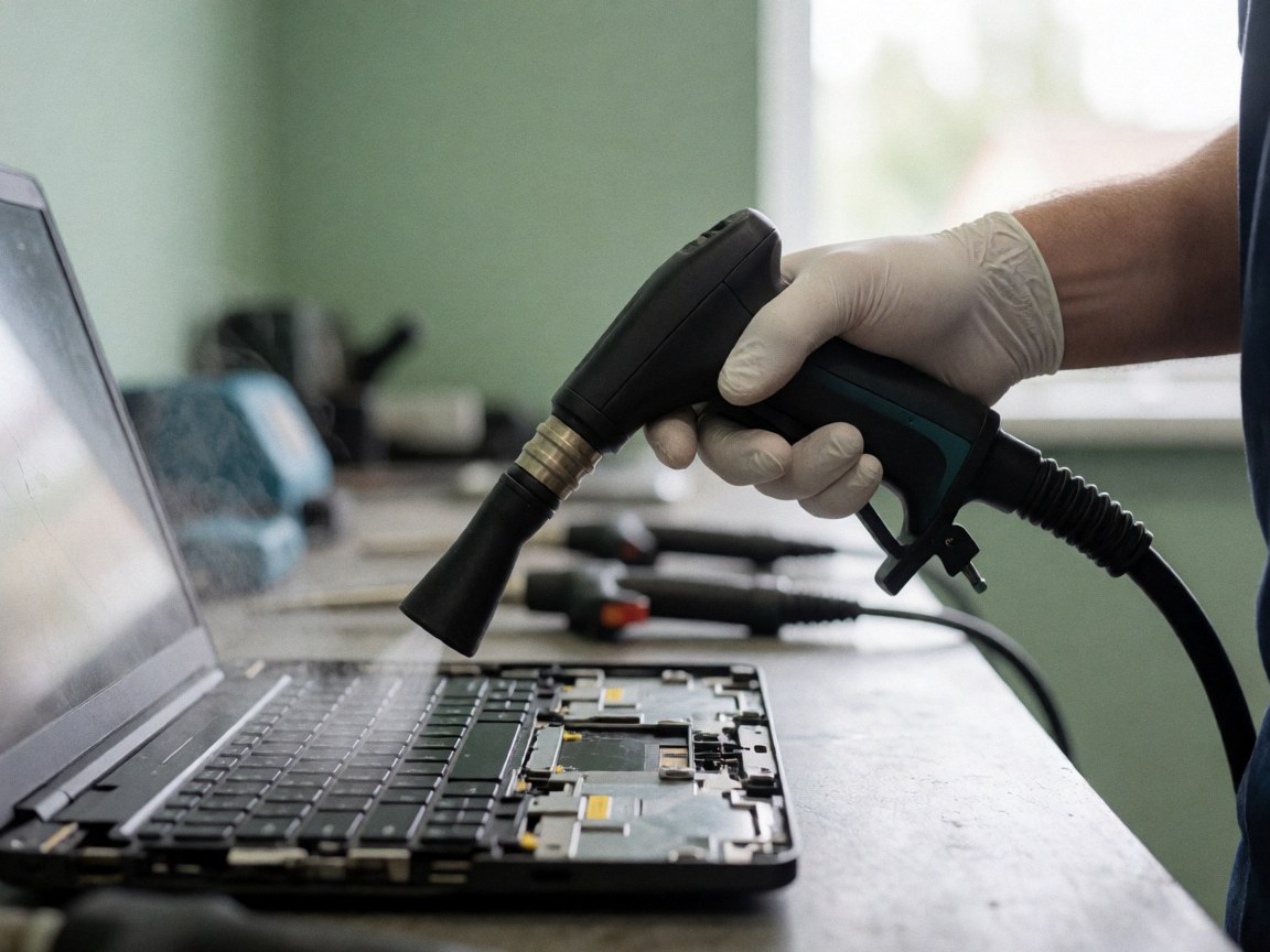 Technicien portant un gant nettoyant le ventilateur d'un ordinateur portable avec de la vapeur, outils en arrière-plan flou, lumière naturelle, mur vert