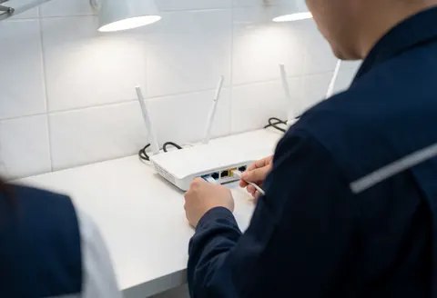 Un technicien en uniforme bleu branche un câble Ethernet sur un routeur posé sur un bureau blanc, devant un mur de carreaux blancs.