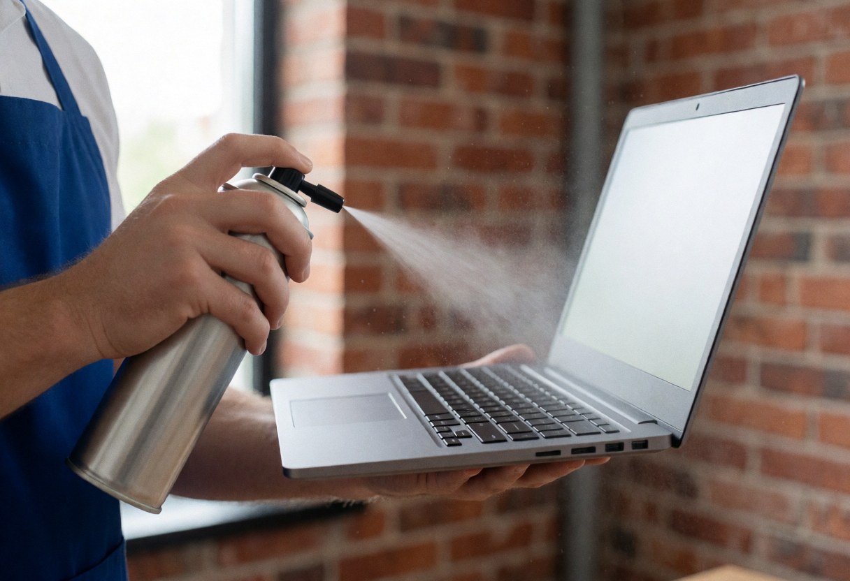 Un technicien en tenue de travail utilise de l'air comprimé pour nettoyer la ventilation d'un ordinateur portable, avec des particules de poussière visibles devant un mur de briques rouges.