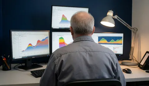 Un technicien analyse des données et des graphiques sur plusieurs moniteurs dans un bureau ordonné avec une lampe de bureau.
