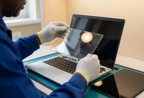Technicien portant des gants effectue le remplacement de l'écran d'un ordinateur portable ouvert dans un atelier propre et ordonné.