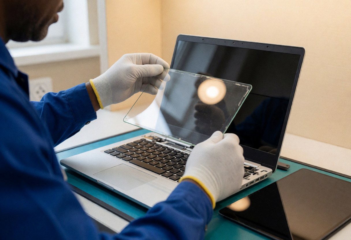 Technicien portant des gants effectue le remplacement de l'écran d'un ordinateur portable ouvert dans un atelier propre et ordonné.