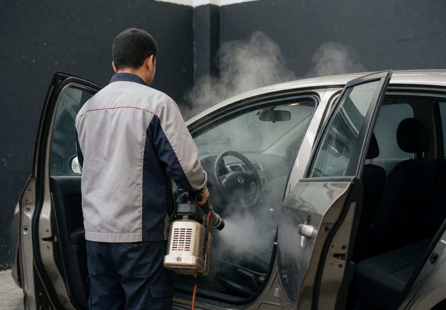 Un technicien effectue un traitement de désodorisation par vapeur à l'intérieur d'un véhicule aux portes ouvertes, illustrant un service de nettoyage automobile professionnel en cours.