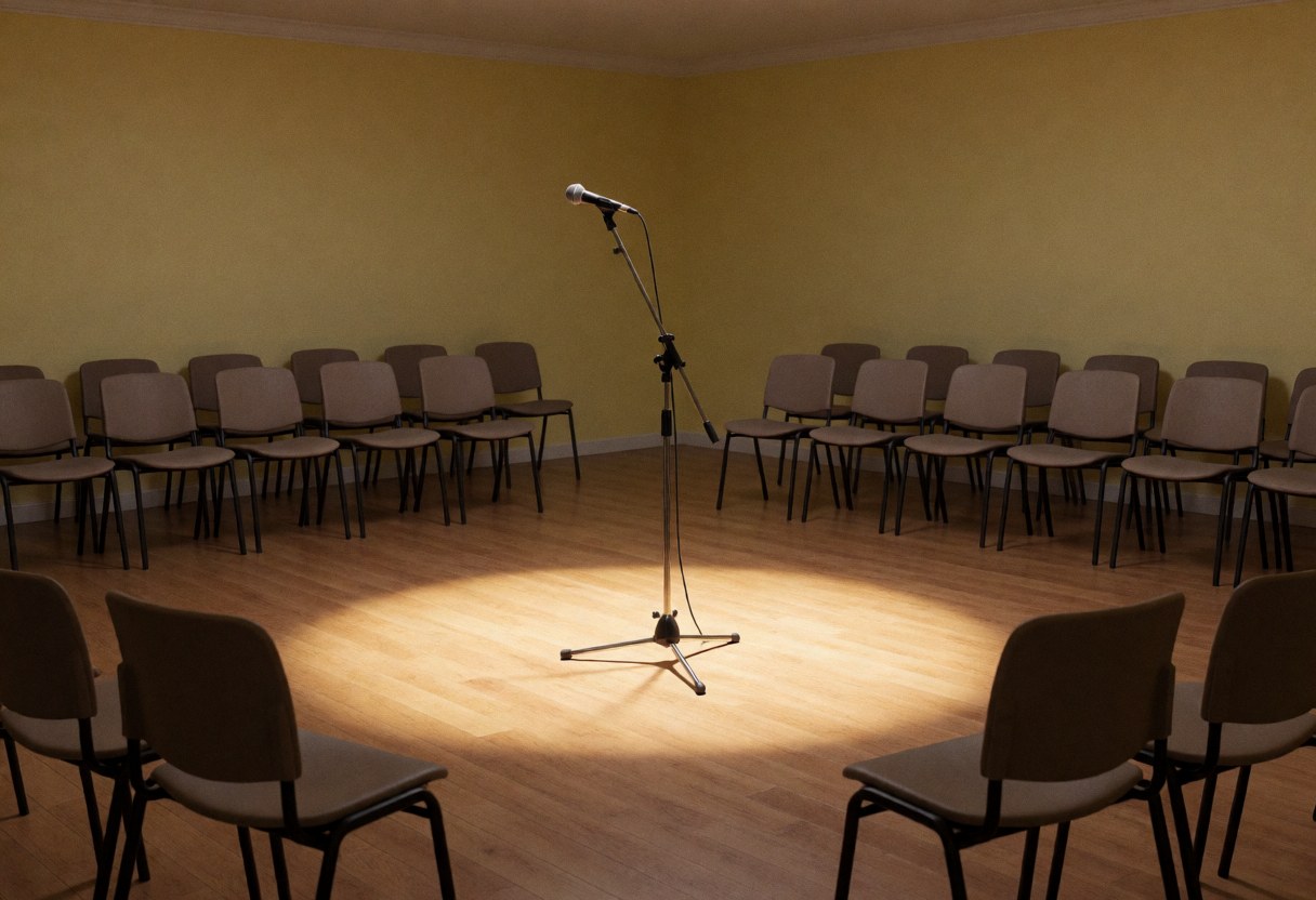 Scène de récital vide avec microphone central, chaises pour le public et éclairage chaud sur le sol en bois.