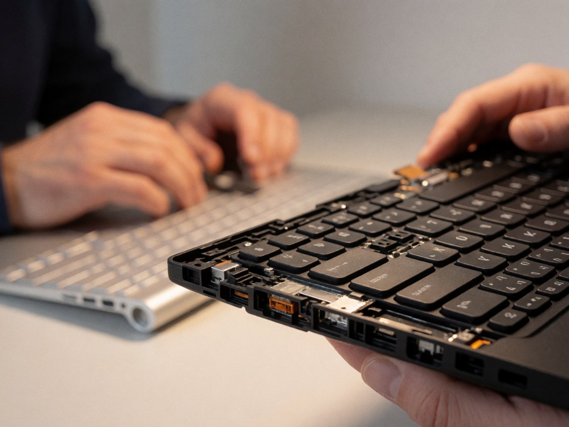 Mains d'un technicien travaillant sur le clavier d'un ordinateur, montrant le câble de connexion et la structure interne du dispositif.