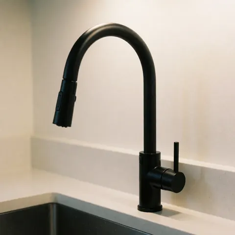 Robinetterie noire mate avec pomme de douche, installée sur un plan de travail blanc, murs blancs, éclairage chaleureux, design moderne et minimaliste.