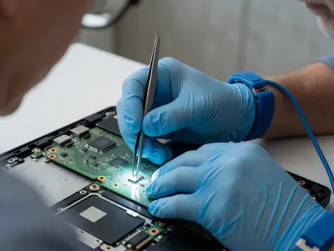 Technicien portant des gants bleus et des pinces remplace un composant sur la carte mère d'un ordinateur portable. Éclairage LED mettant en valeur les détails du circuit sur un fond de mur en béton.