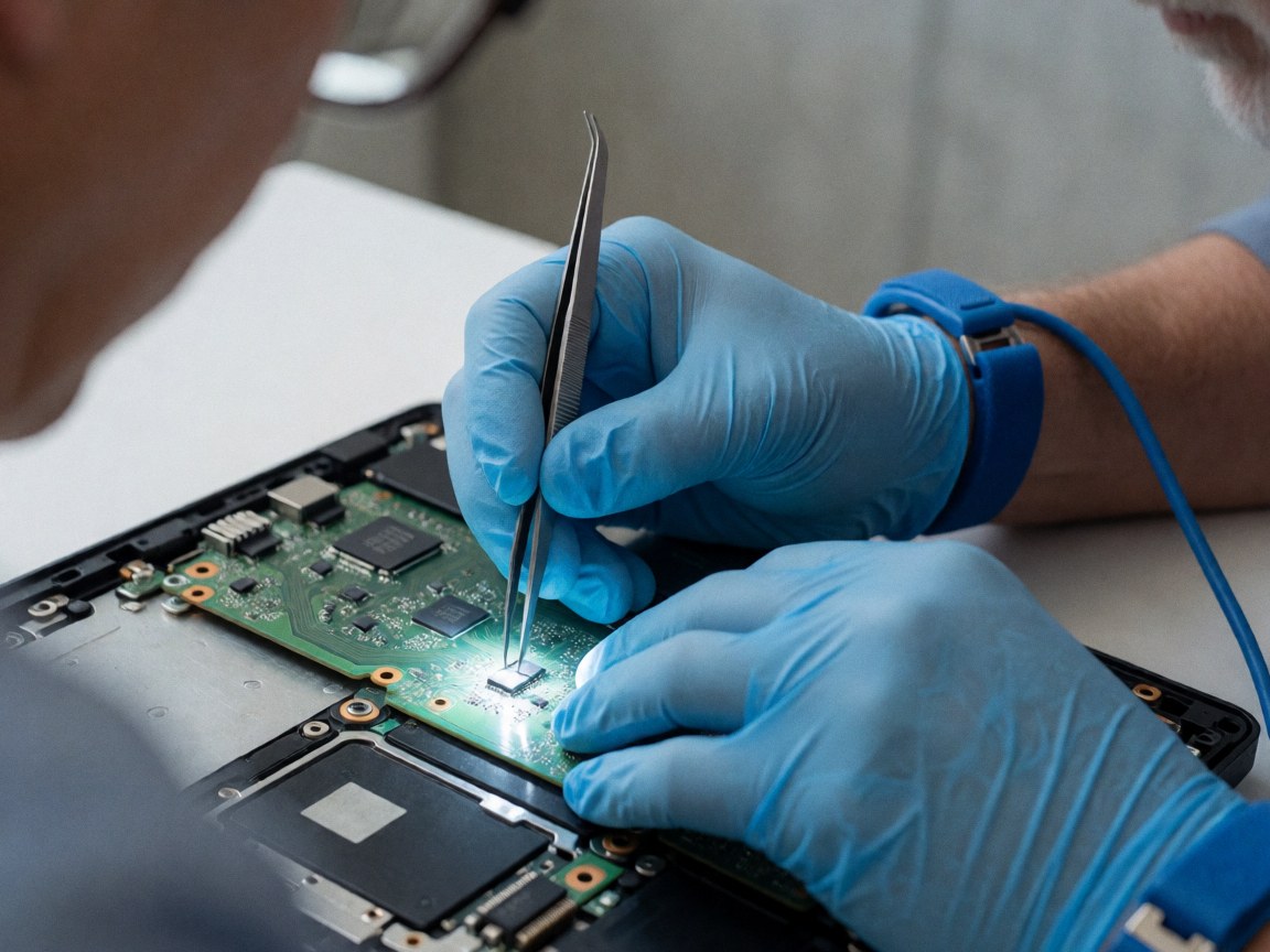 Technicien portant des gants bleus et des pinces remplace un composant sur la carte mère d'un ordinateur portable. Éclairage LED mettant en valeur les détails du circuit sur un fond de mur en béton.