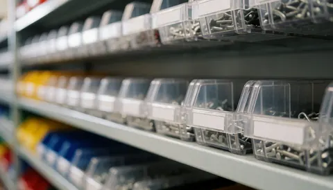 Étagère en métal contenant des boîtes en plastique transparent remplies de vis et de petits composants électroniques sur fond flou pour texte, idéal pour la réparation d'ordinateurs.