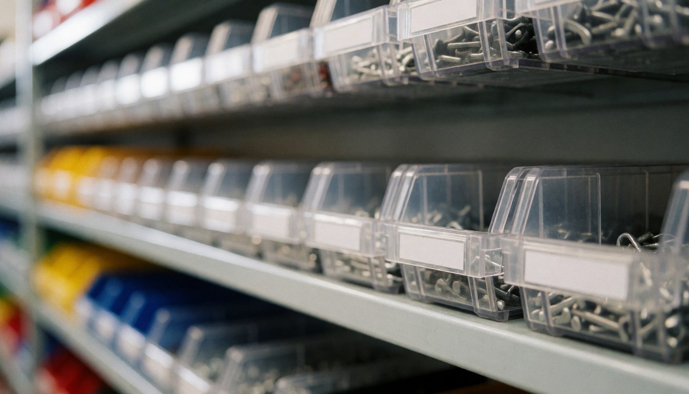 Étagère en métal contenant des boîtes en plastique transparent remplies de vis et de petits composants électroniques sur fond flou pour texte, idéal pour la réparation d'ordinateurs.