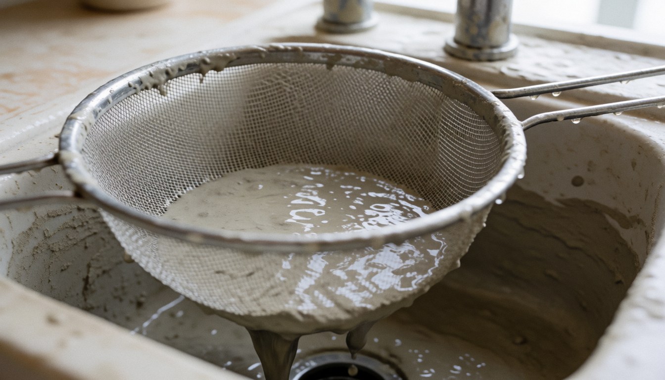 Un filtre métallique posé dans un évier en céramique, laissant couler de l'argile humide. Scène typique d'un atelier de poterie avec une lumière douce et des textures naturelles.