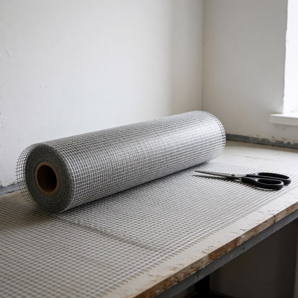 Un rouleau de treillis de renfort en fibre de verre partiellement déroulé posé sur un établi, accompagné d'une paire de ciseaux noirs. Le fond est blanc et l'éclairage neutre met en valeur la texture du matériau.