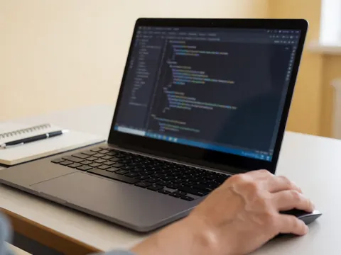 Une main utilise une souris sur un ordinateur portable affichant du code, avec un carnet et un stylo sur le bureau, éclairage doux pour un environnement de travail technique.
