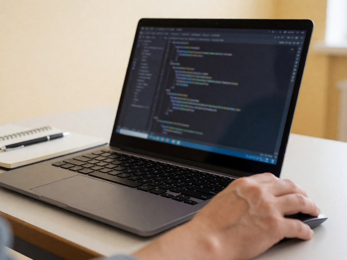 Une main utilise une souris sur un ordinateur portable affichant du code, avec un carnet et un stylo sur le bureau, éclairage doux pour un environnement de travail technique.